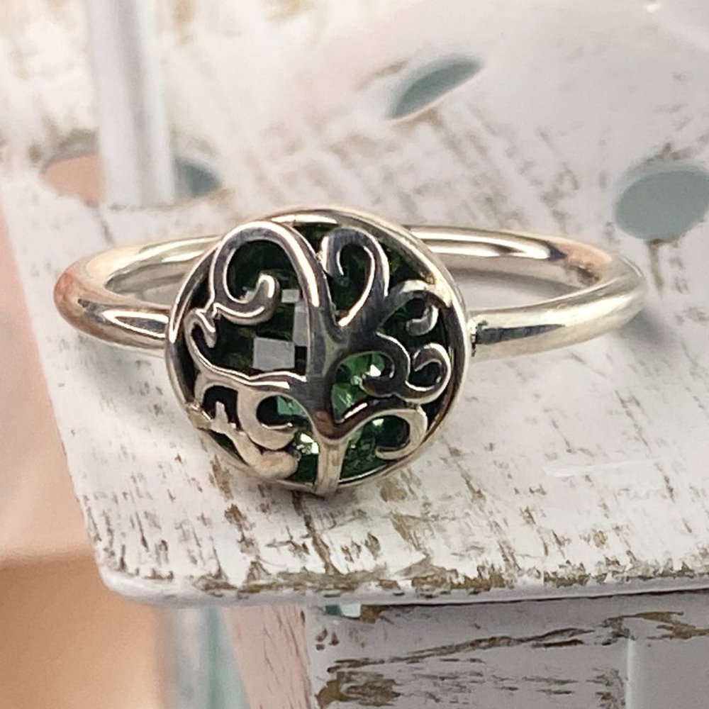 925 Sterling Silver Tree of Life Crystal Leaf Ring Size 6